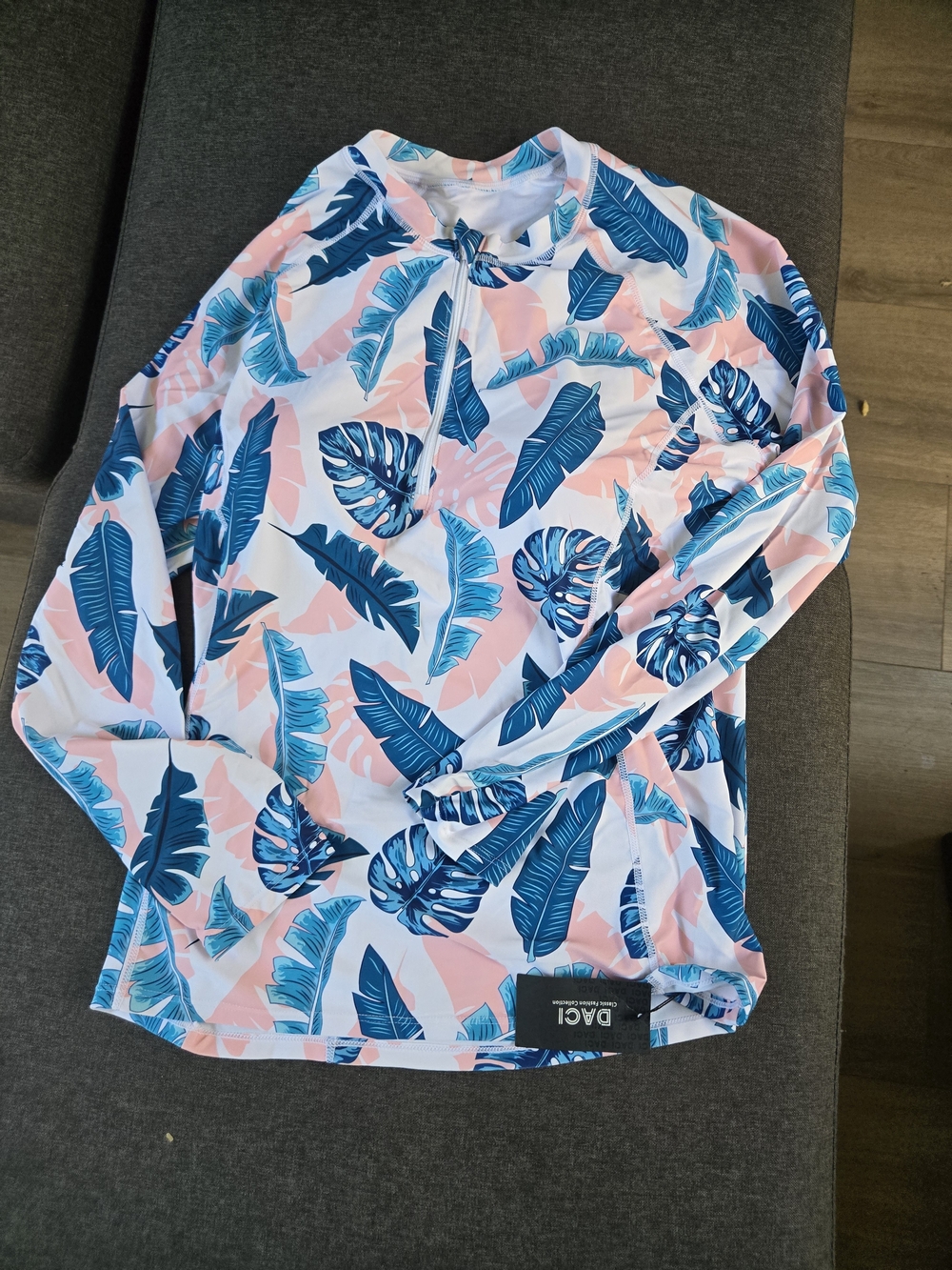 Amazon Leaf-Print Swim Top - Blue & Pink